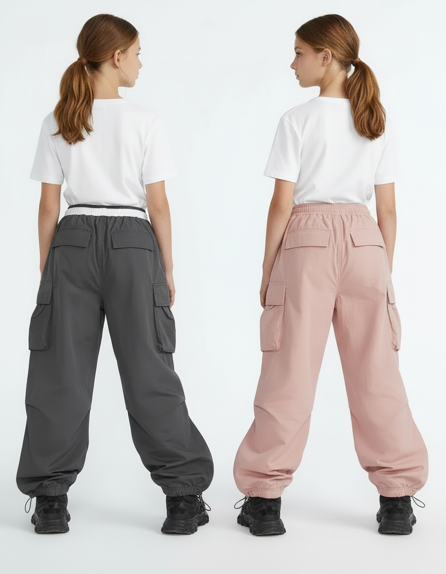 Pantalon Parachute Cargo Ample Fille Rose Gris - Polyester - vue 2
