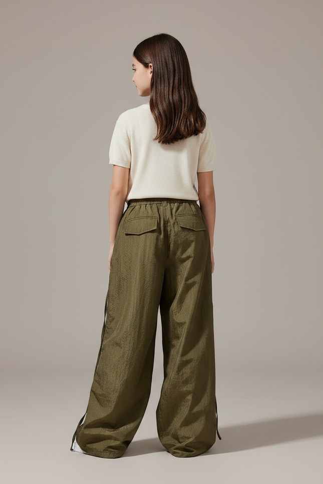 Pantalon Parachute Kaki Ample Cargo Boutons Fille - Polyester - vue 2