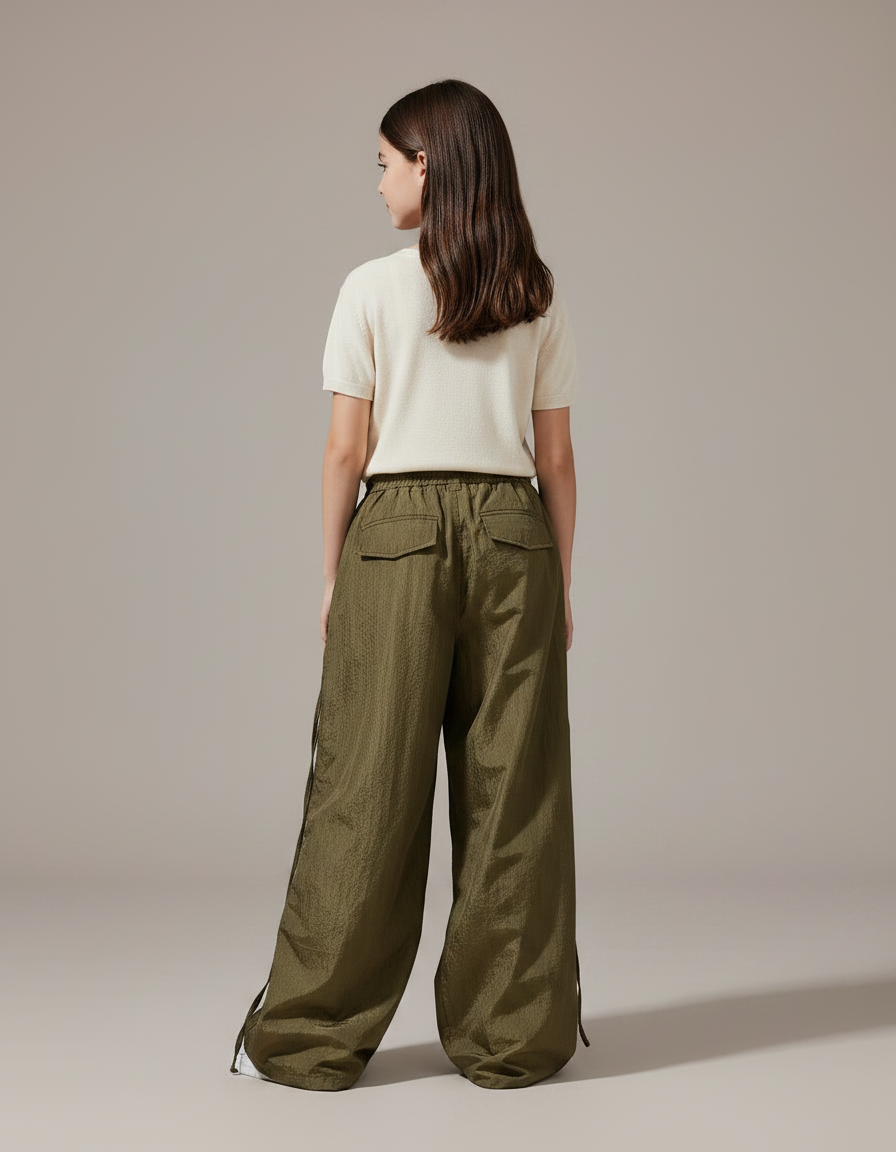 Pantalon Parachute Kaki Ample Cargo Boutons Fille - Polyester - vue 2