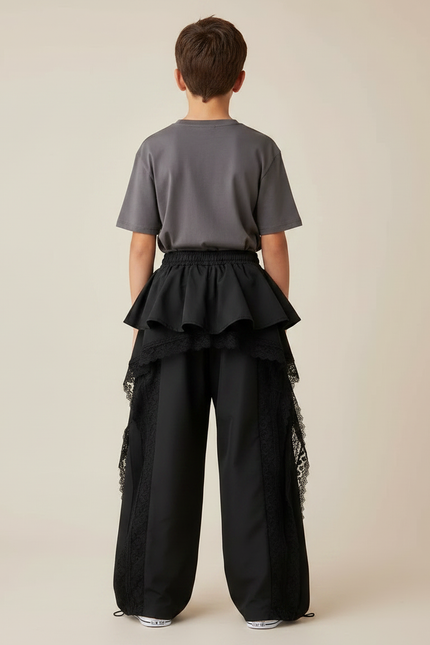 Pantalon Parachute Noir Ample Dentelle Volants Unisexe - Polyester - vue 2