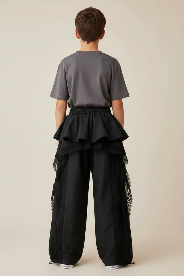 Pantalon Parachute Noir Ample Dentelle Volants Unisexe - Polyester - vue 2