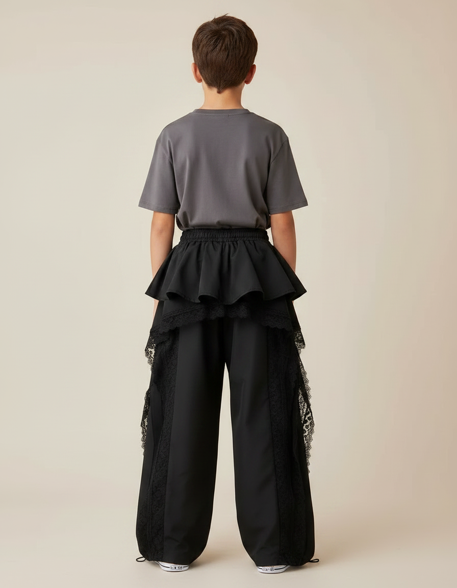 Pantalon Parachute Noir Ample Dentelle Volants Unisexe - Polyester - vue 2