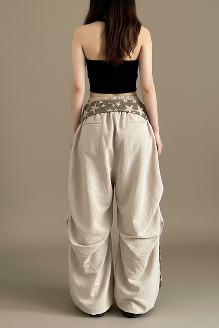 Pantalon Parachute Beige Ample Étoiles Streetwear Cordon - Polyester - vue 2