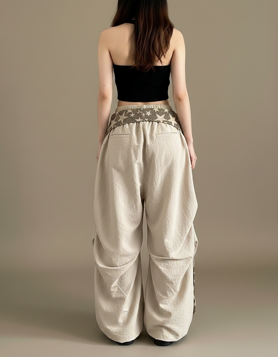 Pantalon Parachute Beige Ample Étoiles Streetwear Cordon - Polyester - vue 2