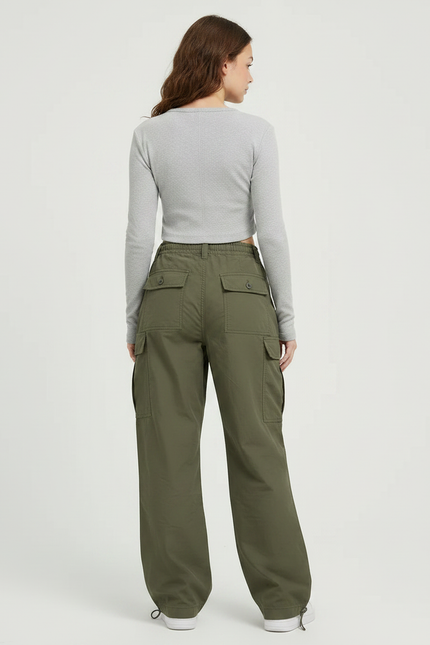 Pantalon Parachute Femme Kaki Baggy Nylon Streetwear - Polyester - vue 2