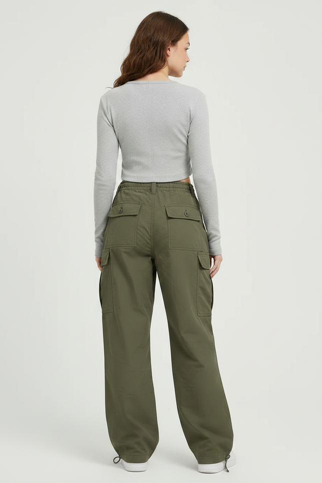 Pantalon Parachute Femme Kaki Baggy Nylon Streetwear - Polyester - vue 2