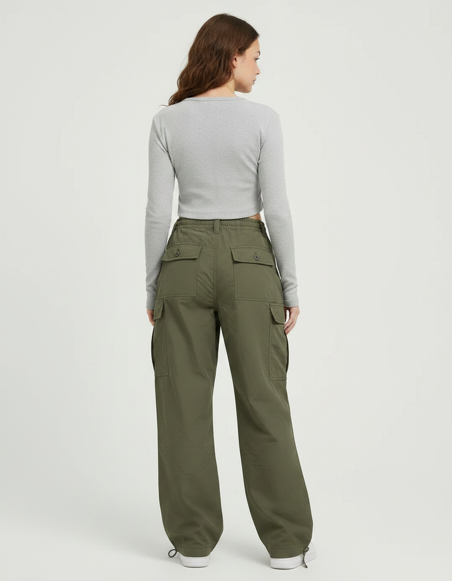 Pantalon Parachute Femme Kaki Baggy Nylon Streetwear - Polyester - vue 2