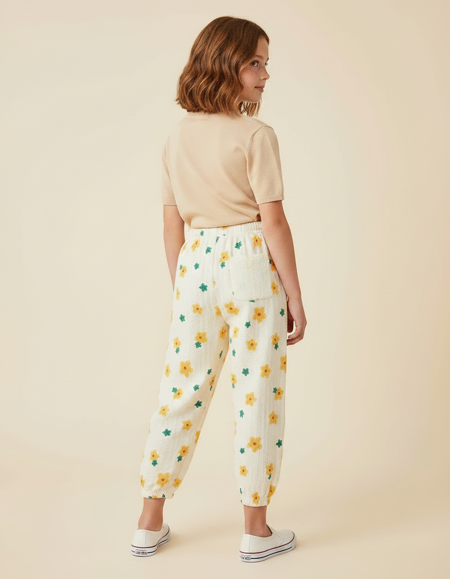 Pantalon Parachute Crème Fleuri Ample Léger Enfant - Beige Coton - vue 2
