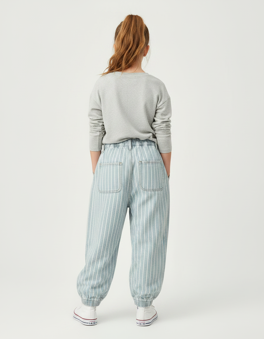 Pantalon Parachute Rayé Bleu Ciel Ample Décontracté - Jean - vue 2
