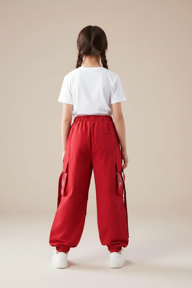 Pantalon Parachute Rouge Cargo Ample Imprimé Fille - Coton - vue 2