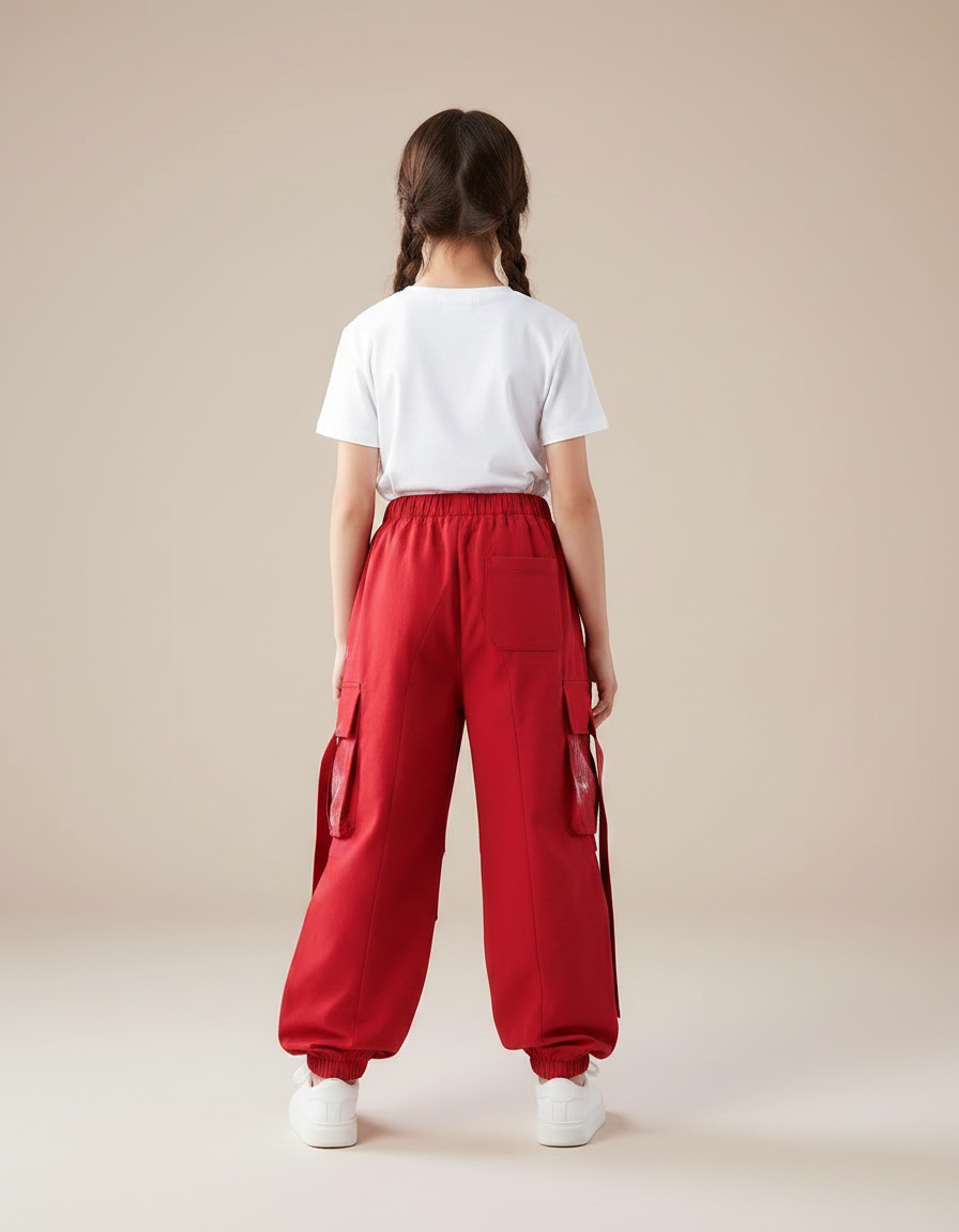 Pantalon Parachute Rouge Cargo Ample Imprimé Fille - Coton - vue 2