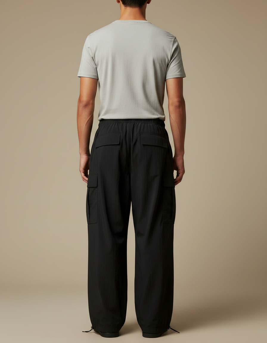 Pantalon Parachute Noir Cargo Ample Homme Polyester - vue 2