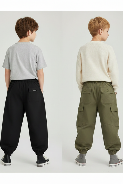 Pantalon Parachute Cargo Ample Garçon Moderne - Kaki Toile - vue 2