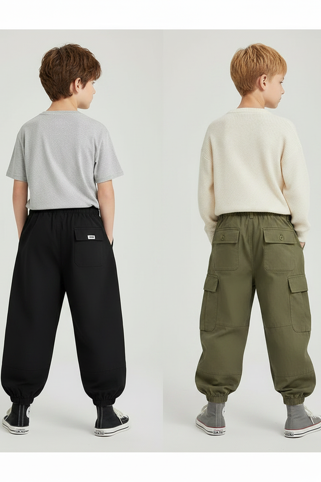 Pantalon Parachute Cargo Ample Garçon Moderne - Kaki Toile - vue 2
