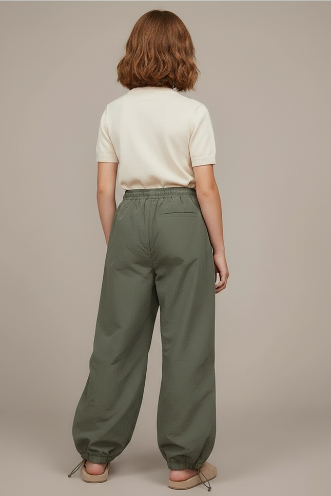 Pantalon Parachute Vert Ample Fluide Décontracté Femme - Kaki Polyester - vue 2