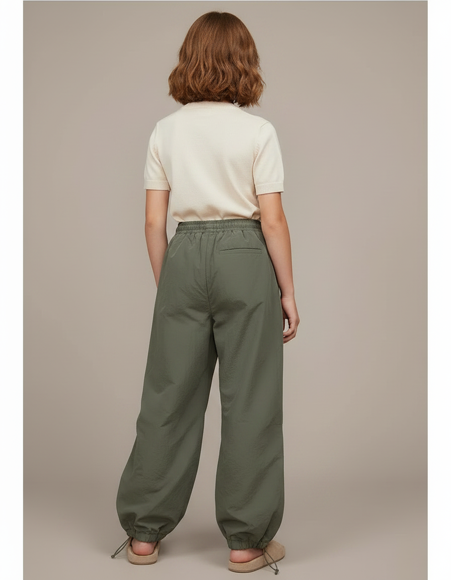 Pantalon Parachute Vert Ample Fluide Décontracté Femme - Kaki Polyester - vue 2