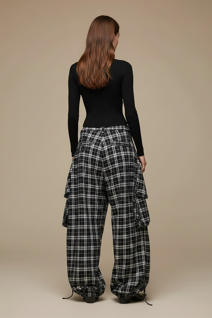 Pantalon Parachute Plaid Noir Blanc Ample Décontracté - Imprimé Laine - vue 2