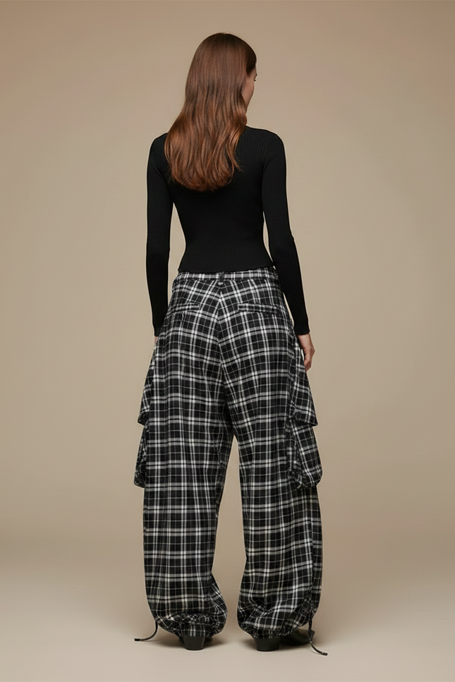 Pantalon Parachute Plaid Noir Blanc Ample Décontracté - Imprimé Laine - vue 2