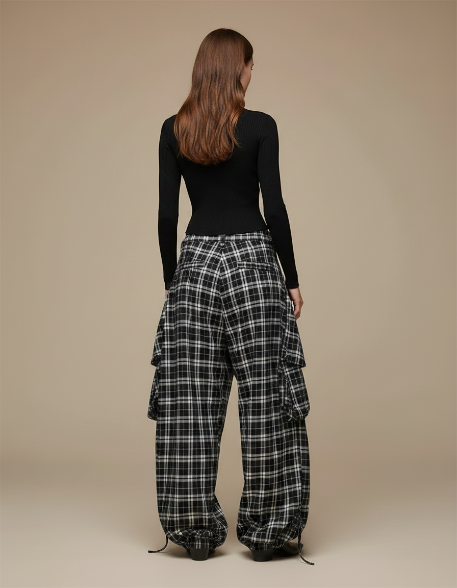 Pantalon Parachute Plaid Noir Blanc Ample Décontracté - Imprimé Laine - vue 2