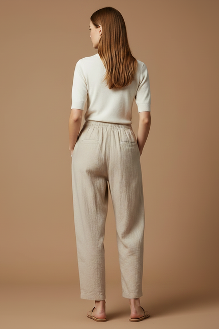 Pantalon Parachute Beige Lin Ample Décontracté Fluide - vue 2