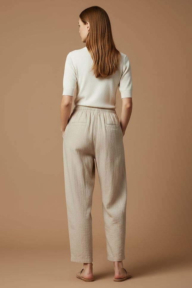 Pantalon Parachute Beige Lin Ample Décontracté Fluide - vue 2