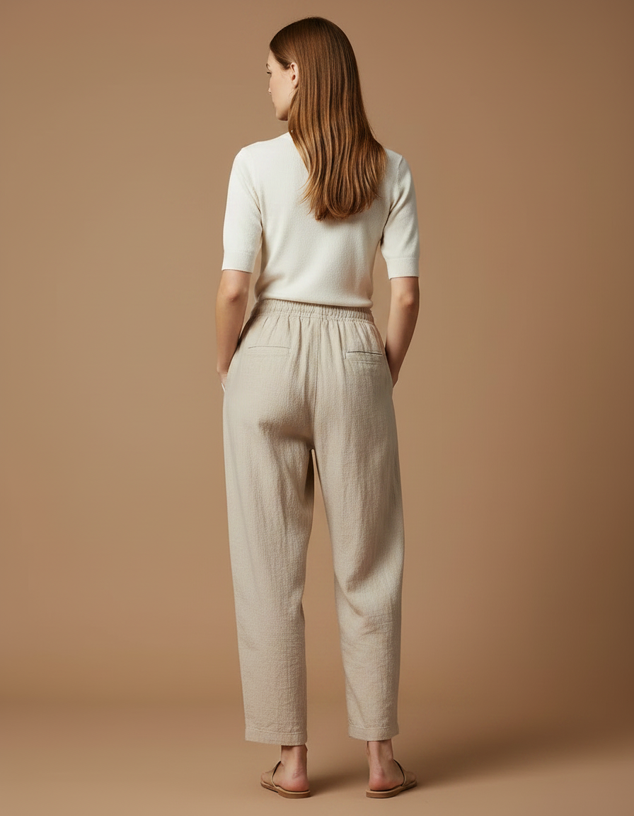 Pantalon Parachute Beige Lin Ample Décontracté Fluide - vue 2