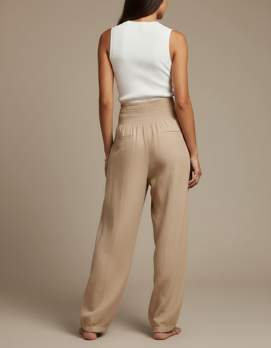 Pantalon Parachute Beige Ample Lin Smocké Plissé Femme - vue 2