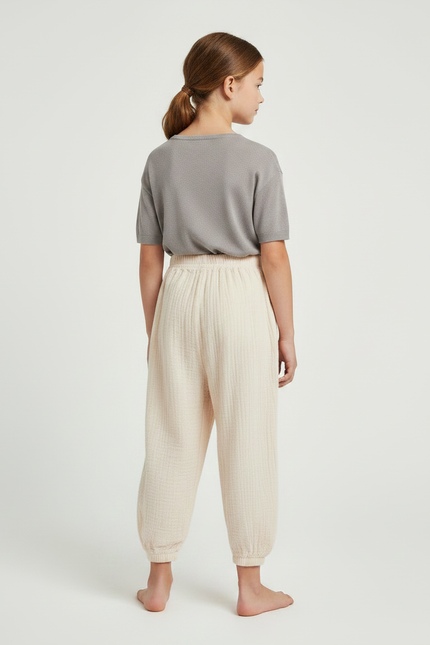 Pantalon Parachute Crème Coton Ample Enfant Fluide - Beige - vue 2