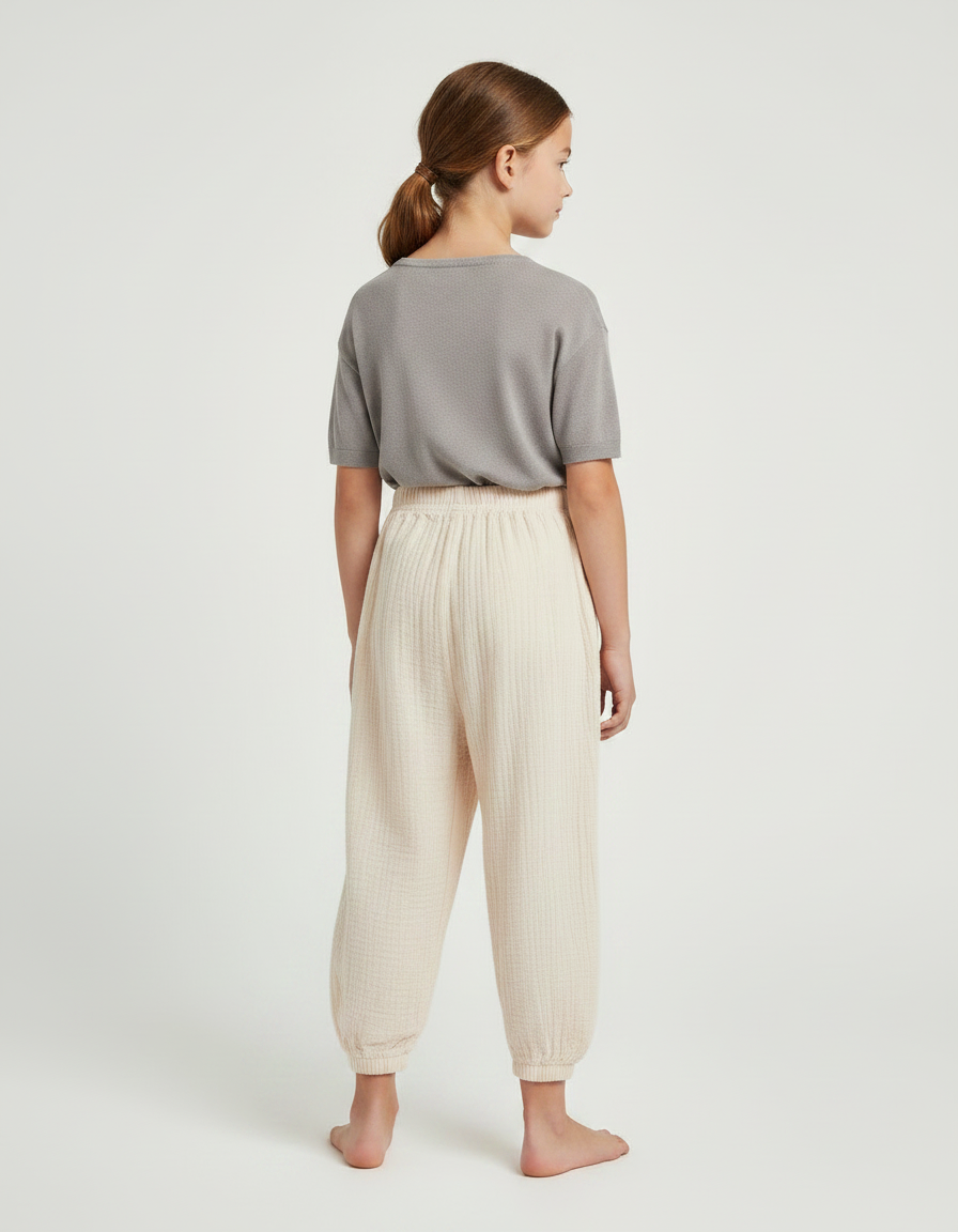Pantalon Parachute Crème Coton Ample Enfant Fluide - Beige - vue 2