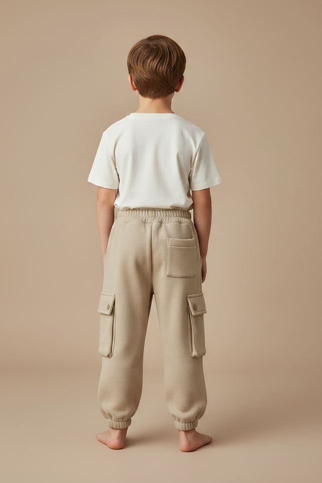 Pantalon Parachute Enfant Molletonné Cargo Beige Doux - vue 2
