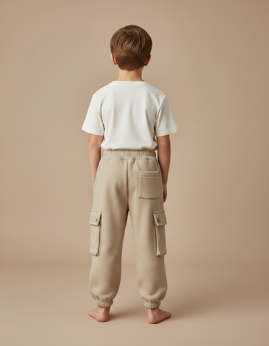 Pantalon Parachute Enfant Molletonné Cargo Beige Doux - vue 2