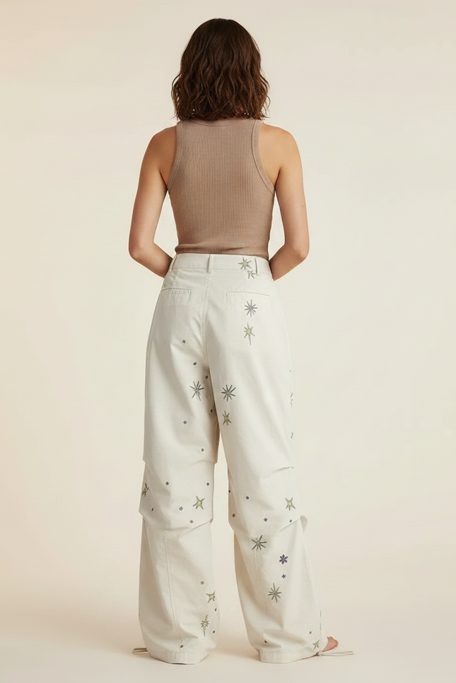 Pantalon Parachute Crème Étoiles Ample Décontracté Fluide - Beige Polyester - vue 2