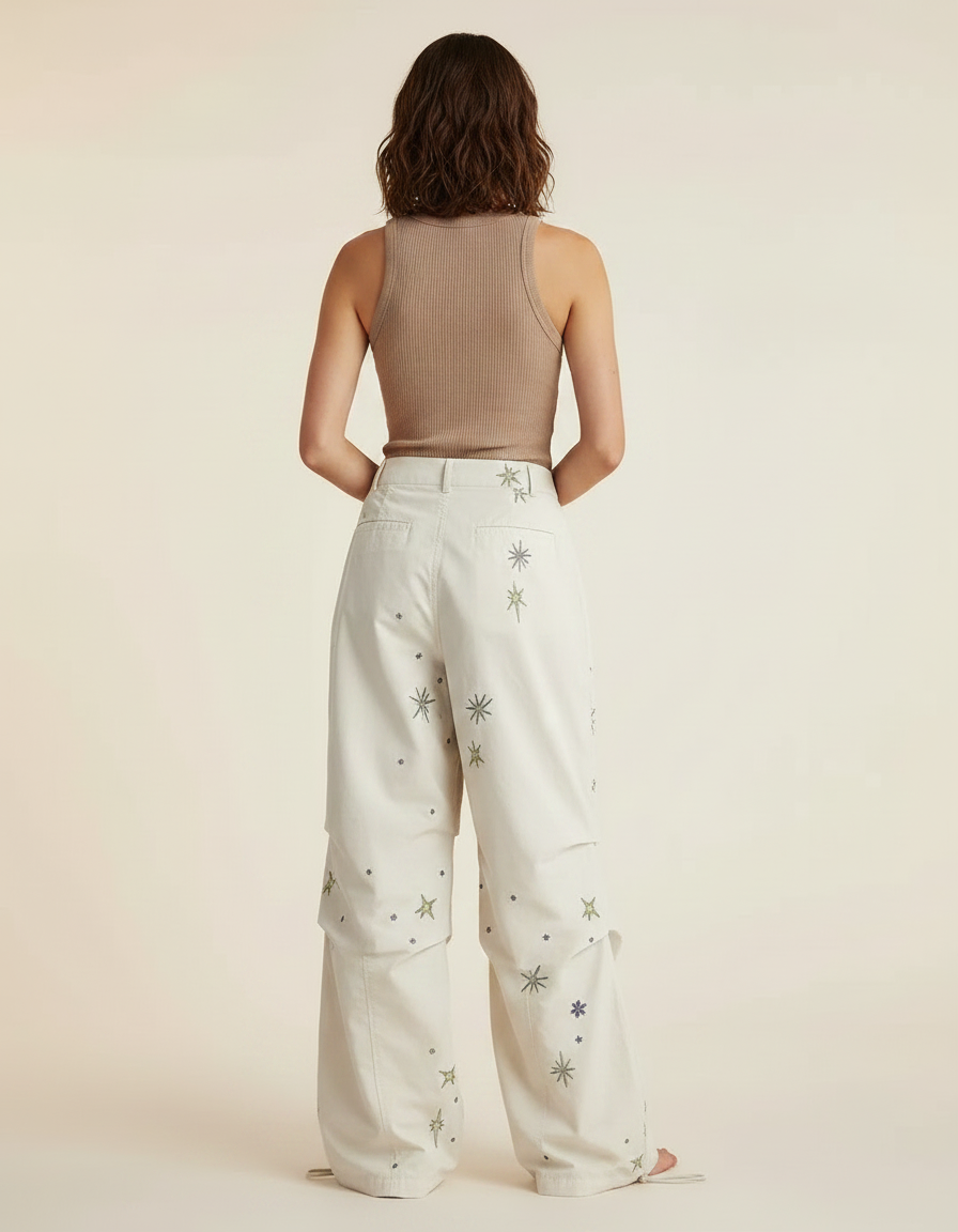 Pantalon Parachute Crème Étoiles Ample Décontracté Fluide - Beige Polyester - vue 2