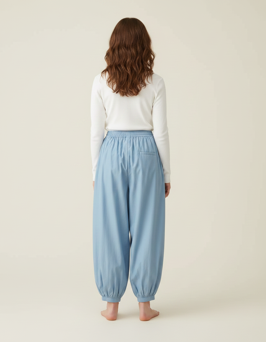 Pantalon Parachute Fluide Ample Coton Femme Bleu - vue 2