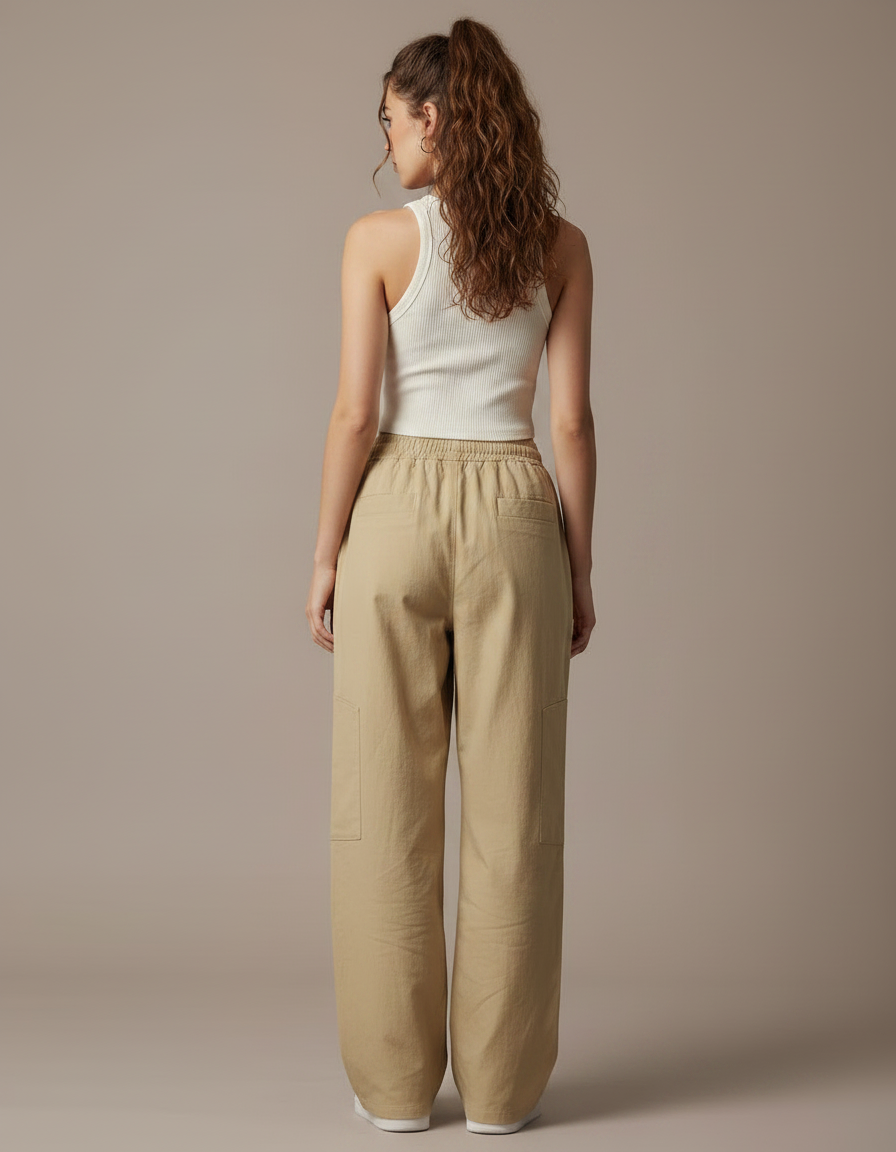 Pantalon Parachute Beige Ample Cargo Cordon Décontracté - Toile - vue 2