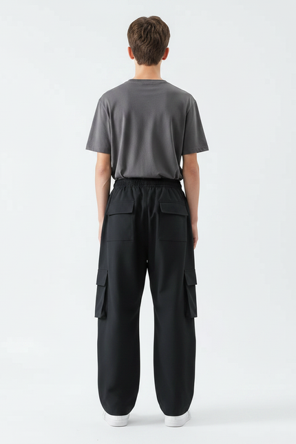 Pantalon Parachute Noir Ample Cargo Cordon Garçon - Polyester - vue 2