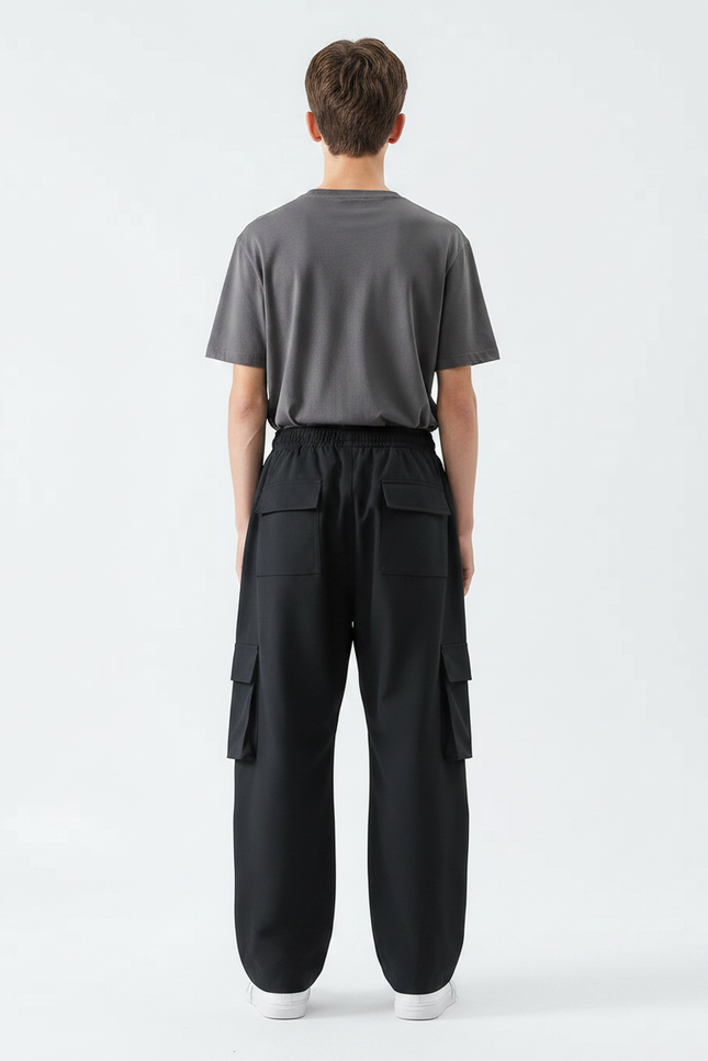 Pantalon Parachute Noir Ample Cargo Cordon Garçon - Polyester - vue 2