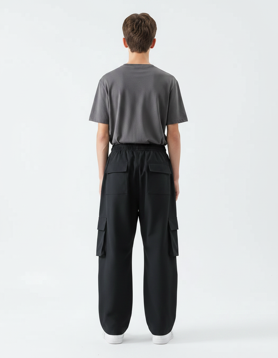 Pantalon Parachute Noir Ample Cargo Cordon Garçon - Polyester - vue 2