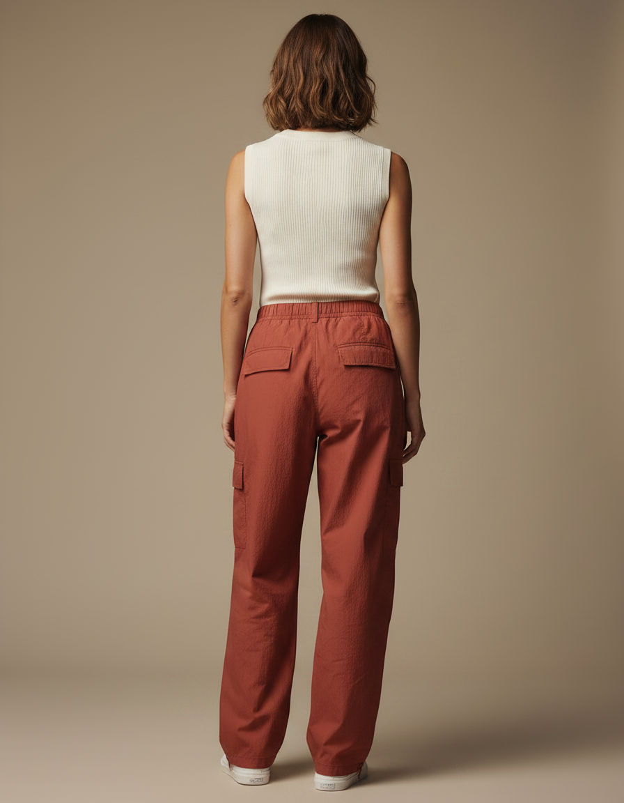 Pantalon Parachute Cargo Ample Fluide Marron Femme - Polyester - vue 2