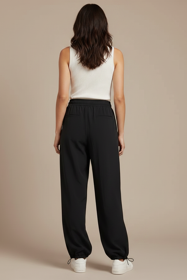 Pantalon Parachute Noir Fluide Taille Haute Cordon - Polyester - vue 2