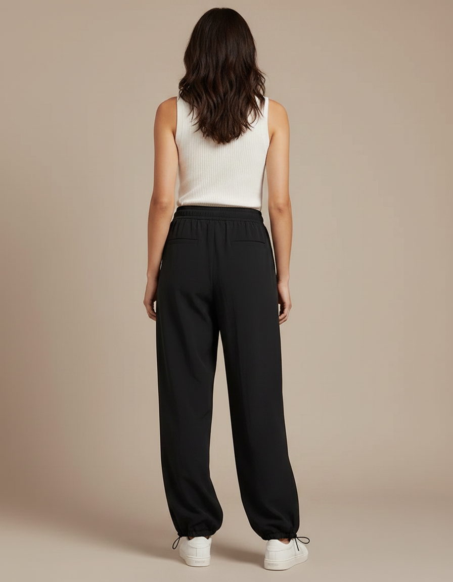 Pantalon Parachute Noir Fluide Taille Haute Cordon - Polyester - vue 2