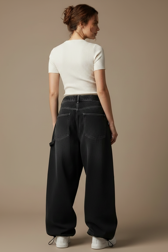 Pantalon Parachute Noir Ample Denim Imprimé Femme - Jean - vue 2