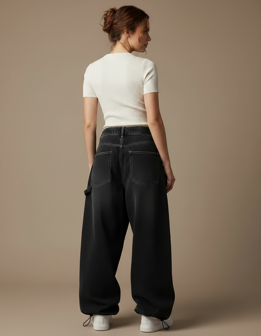 Pantalon Parachute Noir Ample Denim Imprimé Femme - Jean - vue 2