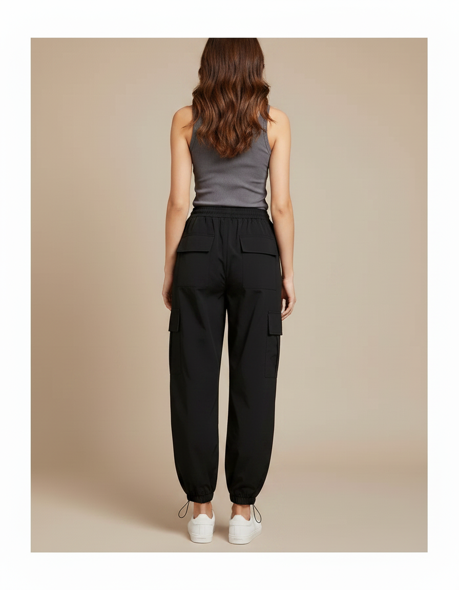 Pantalon Parachute Noir Cargo Ample Femme Moderne - Polyester - vue 2