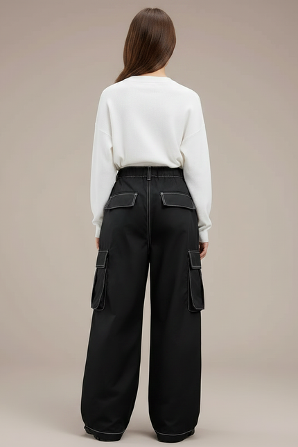 Pantalon Parachute Noir Ample Surpiqûres Blanches Cargo - Polyester - vue 2