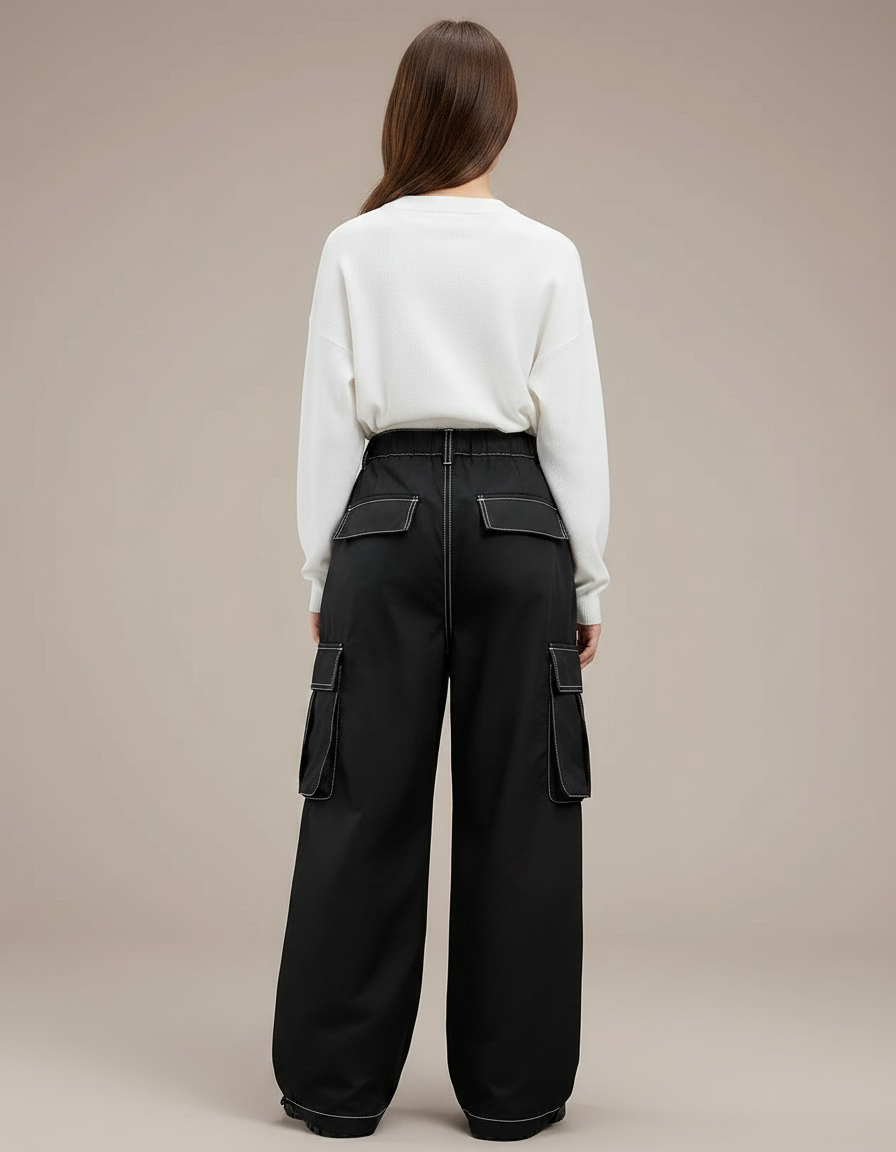 Pantalon Parachute Noir Ample Surpiqûres Blanches Cargo - Polyester - vue 2