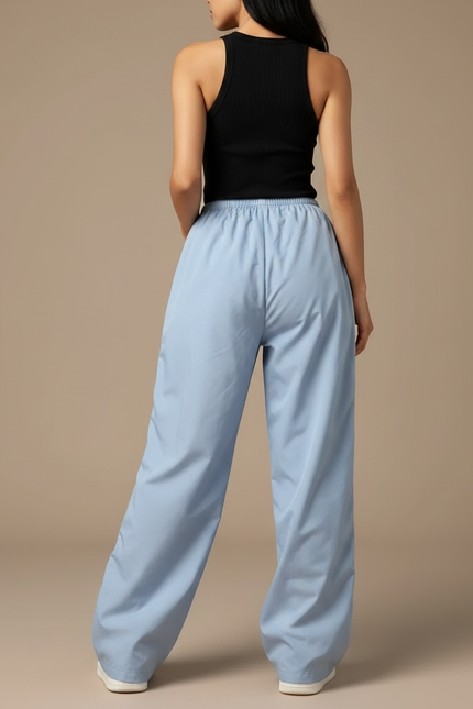 Pantalon Parachute Bleu Ciel Ample Rayures Blanches Fluide - Polyester - vue 2