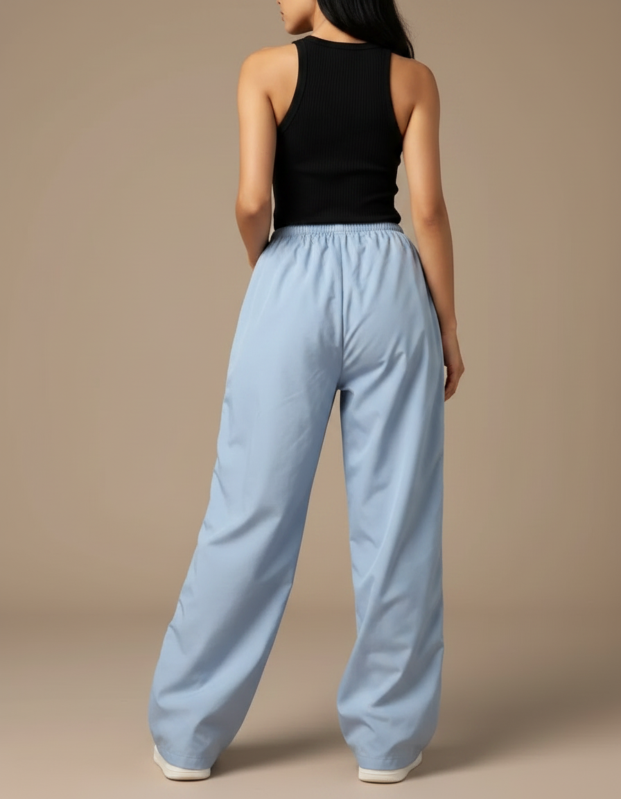 Pantalon Parachute Bleu Ciel Ample Rayures Blanches Fluide - Polyester - vue 2