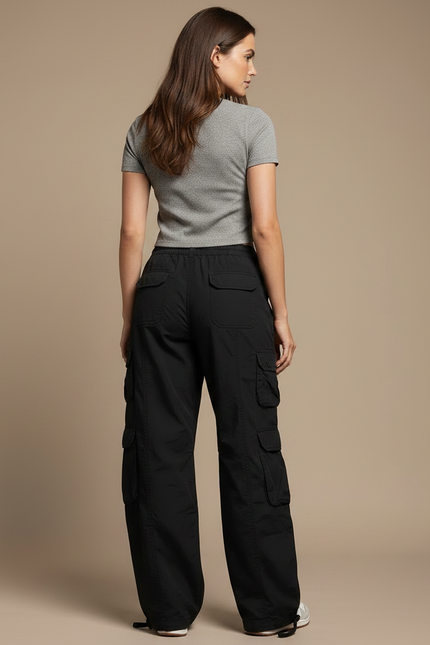 Pantalon Parachute Noir Ample Cargo Streetwear Femme - Toile - vue 2
