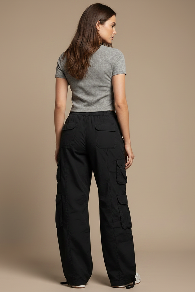 Pantalon Parachute Noir Ample Cargo Streetwear Femme - Toile - vue 2